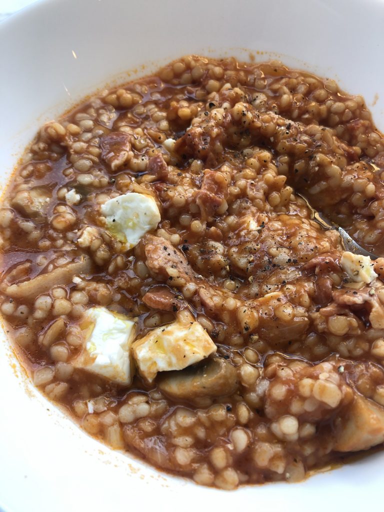 Trahana soup with feta and bacon