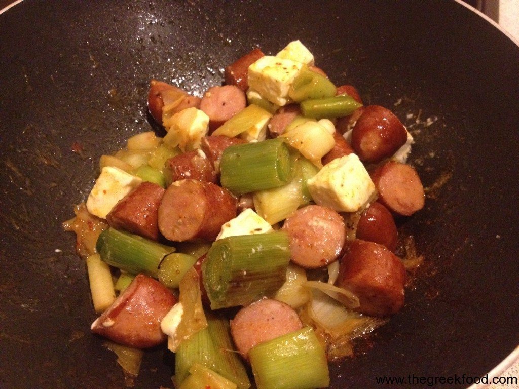 leeks with sausage and feta cheese