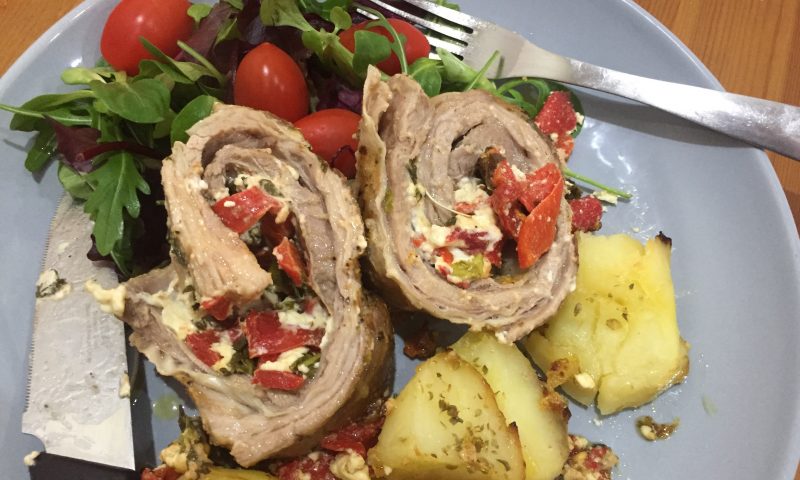 Stuffed Lamb breast with Feta Cheese and Roasted Peppers