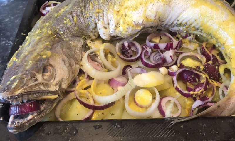 Hake in the oven with mustard and ginger